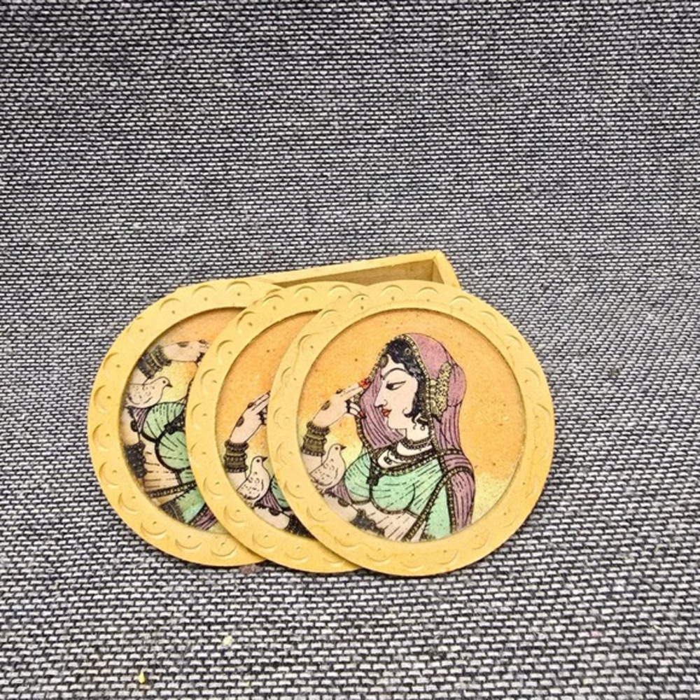 Coaster Set Indian Miniature Art Hand Painted Tan OS Good Ethnic Decor